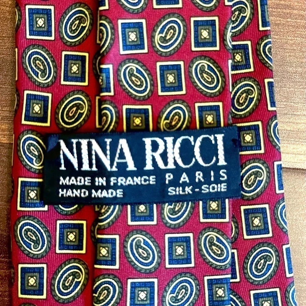 NINA RICCI Paris Silk Red Geometric Print Handmade Necktie